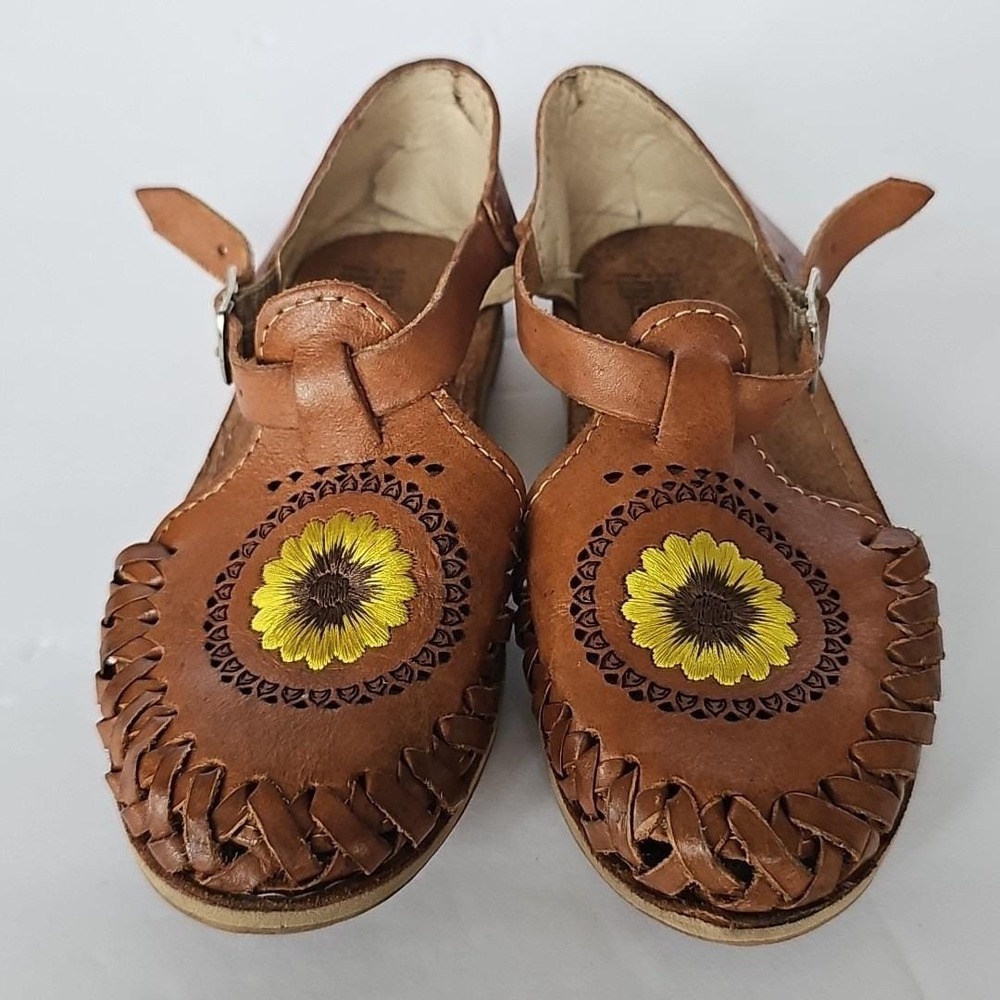 Toddler Girls Brown‎ Leather Sunflower Embroidered Huarache Sandals Mexico Sz 20